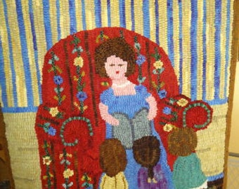 Read me a Story(grandma) rug hooking hooked pattern on primitive linen