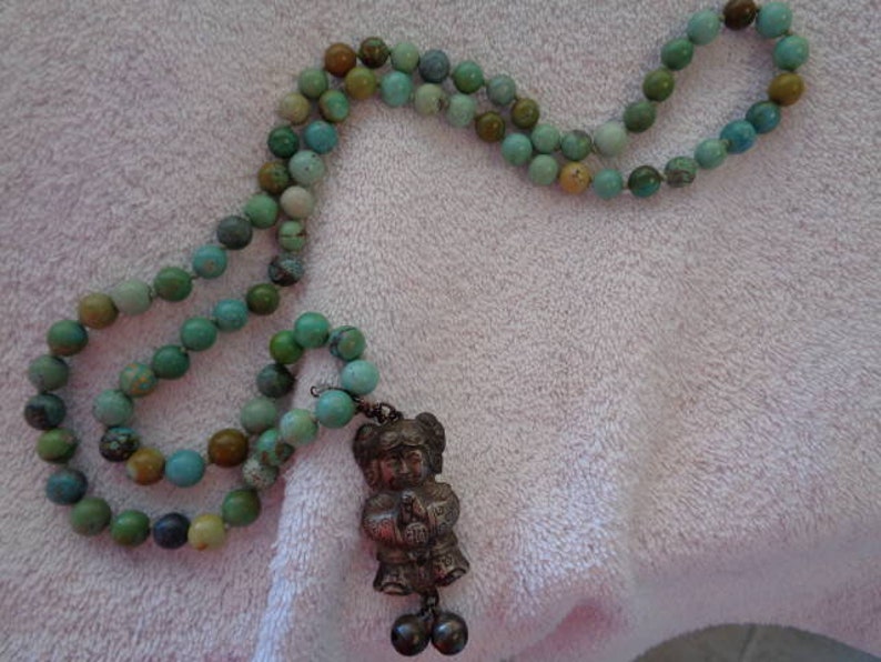 Hand Knotted Turqoise beads necklace with antique chinese girl good luck pendant and temple bells image 1