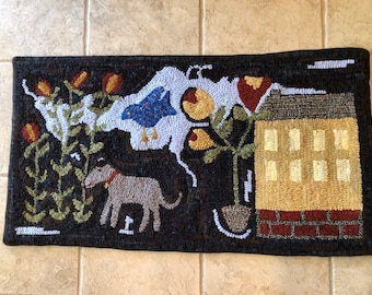 Hand Hooked rug  Folk art primitive Yellow house and terrier retriever dog  with good luck bluebird in flower garden