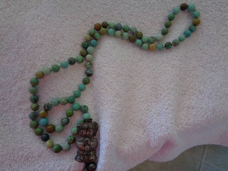 Hand Knotted Turqoise beads necklace with antique chinese girl good luck pendant and temple bells image 5