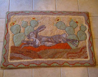 Desert Jack Rabbit and cactus rug hooking hooked pattern