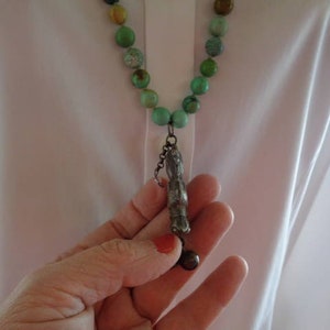 Hand Knotted Turqoise beads necklace with antique chinese girl good luck pendant and temple bells image 4