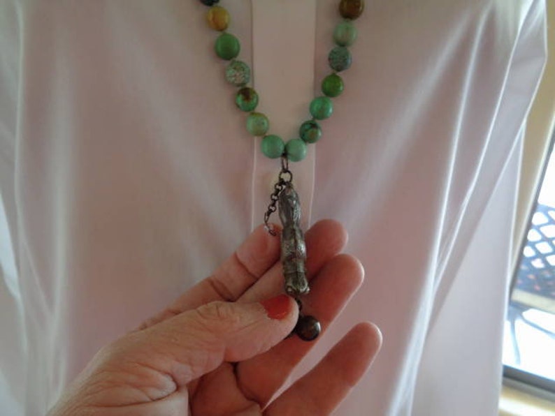 Hand Knotted Turqoise beads necklace with antique chinese girl good luck pendant and temple bells image 4