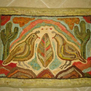 Four Amigos quail and desert saguaro cactus rug hooking hooked pattern on primitive linen image 1