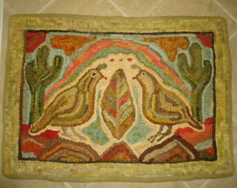 Four Amigos (quail and desert saguaro cactus) rug hooking hooked pattern on primitive linen