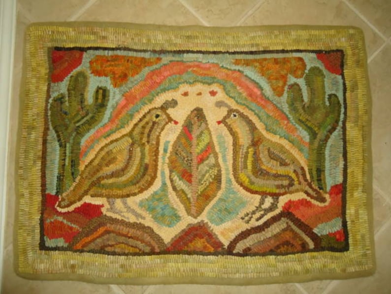 Four Amigos quail and desert saguaro cactus rug hooking hooked pattern on primitive linen image 1