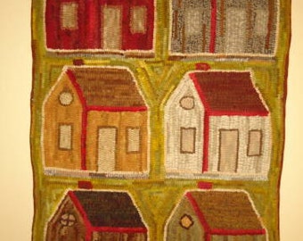 SCHOOLHOUSE (or house) rug hooking hooked pattern on primitive linen