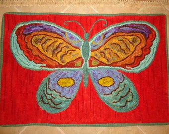 Large red BUTTERFLY rug hooking hooked pattern on primitive linen