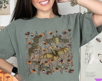 Wildflowers Bat Comfort Colors Shirt, Whimsigoth Floral Tshirt, Cottagecore Vintage Bats, Goblincore, Gift for Bat Lover, Gothic Bat Shirt