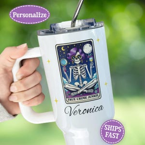 Personalized True Crime Junkie Tarot Card Tumbler, Spooky Season Cup, Halloween 40oz Tumbler Custom Name Birthday Gift for True Crime Lover