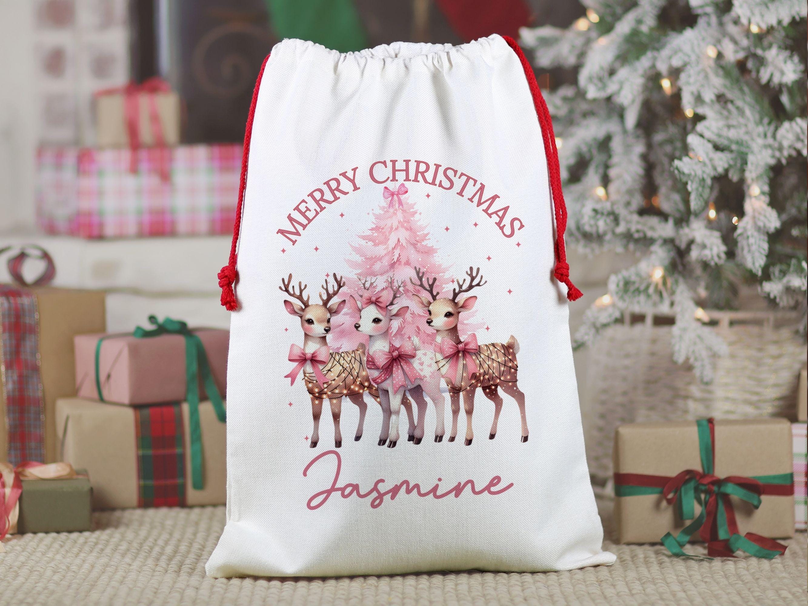 Discover Custom Reindeer Christmas Gift Bag, Personalized Reindeer Girl's Pink Christmas Gift Bag for Girls, Custom Name Santa Gift Bag for Presents