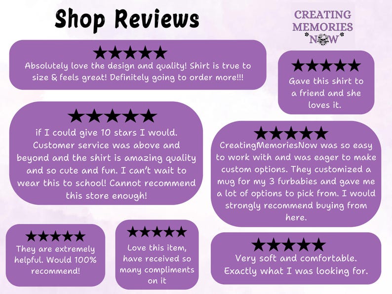 Pode incluir: Texto roxo e branco sobre um fundo branco com avalia&ccedil;&otilde;es de cinco estrelas e coment&aacute;rios de clientes para uma loja chamada Creating Memories Now. As avalia&ccedil;&otilde;es destacam a qualidade dos produtos e o excelente atendimento ao cliente.