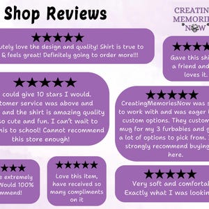 May include: Purple background with five-star reviews for a shop called Creating Memories Now. Reviews highlight the quality of the products, customer service, and the ease of customization.  The reviews include phrases like "amazing quality", "so cute and fun", "easy to work with", and "strongly recommend".
