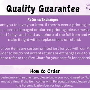 May include: Purple and white text on a white background with the words "Quality Guarantee" and "Returns/Exchanges". The text explains the shop's return policy and how to order multiple items.