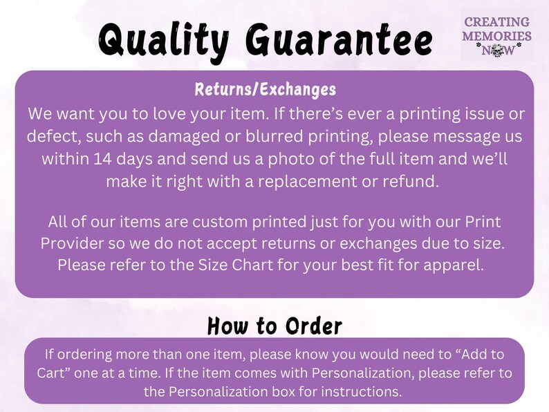 May include: Purple and white text on a white background with the words "Quality Guarantee" and "Returns/Exchanges". The text explains the shop's return policy and how to order multiple items.