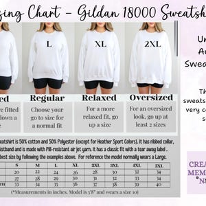 May include: White Gildan 18000 sweatshirt sizing chart. The chart shows measurements in inches for sizes S-5XL. The chart includes the text "Unisex Adult Sweatshirt" and "These sweatshirts are very cozy and soft."