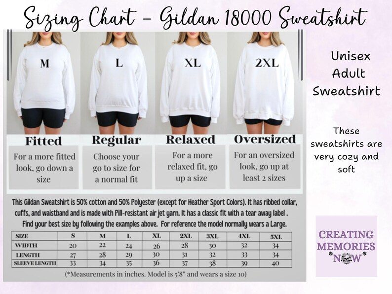 May include: White Gildan 18000 sweatshirt sizing chart. The chart shows measurements in inches for sizes S-5XL. The chart includes the text "Unisex Adult Sweatshirt" and "These sweatshirts are very cozy and soft."