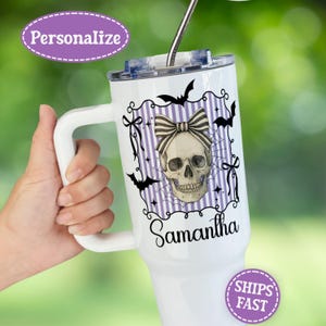 Personalized Halloween Tumbler, Custom Name Tumbler, Spooky Birthday Gift for Bat Lover, Halloween Gift, Coquette Skull and Bat 40oz Tumbler