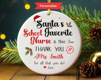 Personalize School Nurse Ornament, Christmas Gift for School Nurse, Santa's Favorite School Nurse Christmas Ornament, Nurse Stocking Stuffer