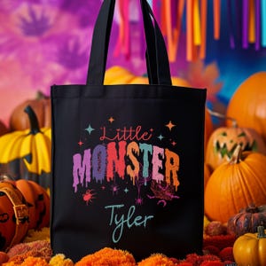 Personalized Little Monster Kids Trick or Treat Bag, Custom Monster Candy Bag, Kids Halloween Tote Bag, Halloween Gift Bag, Kids Candy Tote