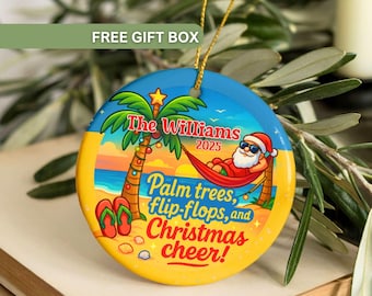 Personalized Florida Ornament, First Christmas in Florida Ornament, Gift for New Neighbor, Palm Tree and Santa Beach Ornament