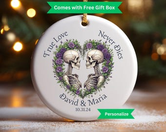 Personalize Halloween Bride & Groom Skeleton Ornament, Spooky Couple Keepsake Anniversary Gift, Halloween Wedding Gift Christmas Ornament