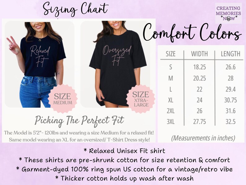 May include: A sizing chart for comfort colors t-shirts. The chart includes measurements in inches for sizes S to 3XL. The image also shows two models wearing black t-shirts, one with a relaxed fit and the other with an oversized fit.