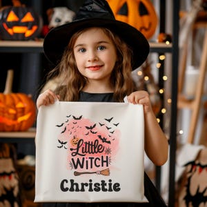 Little Witch Kids Trick or Treat Bag, Personalized Kids Halloween Tote Bag with Name, Custom Witch Candy Bag, Halloween Gift Bag, Goodie Bag