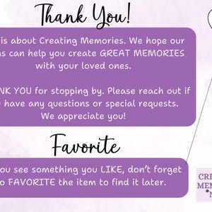 May include: A graphic with the words "Thank You!" and "Favorite" in a handwritten font. The image includes text about creating memories and a heart-shaped balloon. The logo for "Creating Memories Now" is in the bottom right.