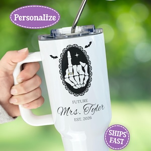 Gothic Bride Gift, Custom Name Skeleton Tumbler, Bride Engagement Gift, Personalized Bridal Shower Gift from Bridesmaid, Spooky Bride Gift