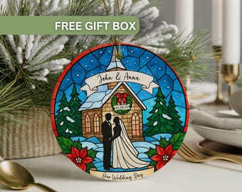 Custom Winter Wedding Ornament, Custom Name Ornament Gift for Newlyweds, Faux Stained Glass Chapel Wedding Keepsake Christmas Gift