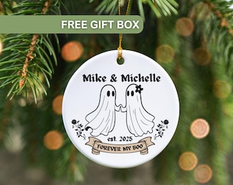 Custom Gothic Engagement Gift for Spooky Couple Ghost Ornament, Ghost Lover Wedding Gift Custom Name Christmas Ornament for Halloween Lover