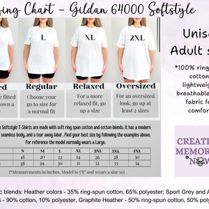 May include: A sizing chart for Gildan 64000 Softstyle unisex adult shirts. The chart shows measurements in inches for sizes S to 4XL, with fitted, regular, relaxed, and oversized fit options. The shirts are made of ring-spun cotton and cotton blends.
