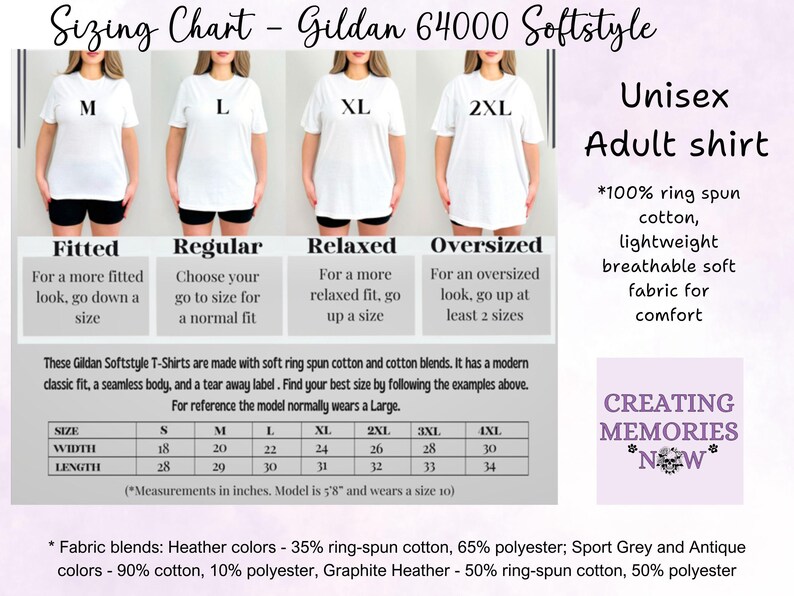 May include: A sizing chart for Gildan 64000 Softstyle unisex adult shirts. The chart shows measurements in inches for sizes S to 4XL, with fitted, regular, relaxed, and oversized fit options. The shirts are made of ring-spun cotton and cotton blends.