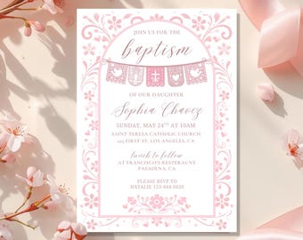 Pink Baptism Invitation Papel Picado Mexican Themed Invite for Girl, Christening Invitation Editable Canva Template, Baptismal Invite
