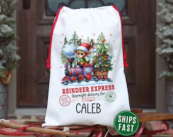 Kids Christmas Presents Sack, Personalized Train Christmas Gift Bag, Custom Name Gift Bag, Reindeer Santa Xmas Sack Presents Bag