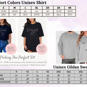 May include: Size chart for unisex t-shirts and sweatshirts. The chart shows the width, length, and sleeve length in inches for sizes S through 5XL. The chart also includes a photo of a model wearing a t-shirt and a sweatshirt.