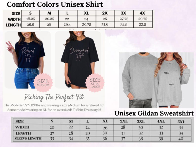 May include: Size chart for unisex t-shirts and sweatshirts. The chart shows the width, length, and sleeve length in inches for sizes S through 5XL. The chart also includes a photo of a model wearing a t-shirt and a sweatshirt.