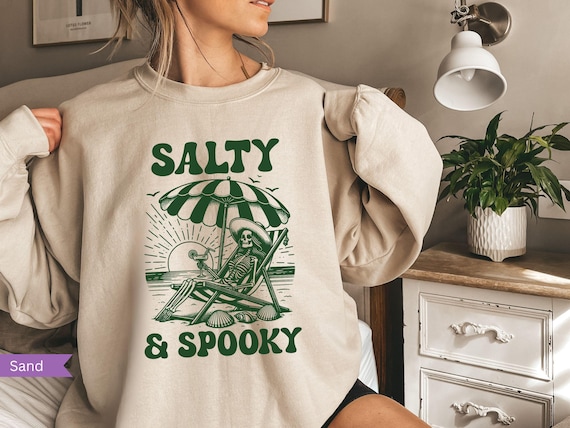 Salty Sweatshirt, Spooky Summer Sweater,  Summerween Beach Shirt, Skeleton Summer Monochrome Sweatshirt, Summer Tees for Halloween Lover