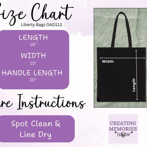 May include: Black tote bag with dimensions: 40.6 cm in length, 38.1 cm in width, and a 50.8 cm handle length. The image includes a size chart and care instructions. The bag is from Liberty Bags, model OAD113.