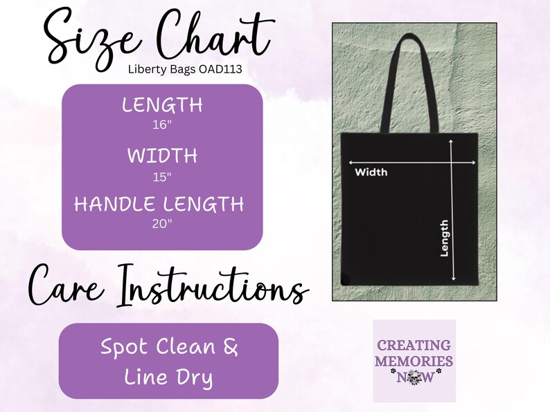 May include: Black tote bag with dimensions: 40.6 cm in length, 38.1 cm in width, and a 50.8 cm handle length. The image includes a size chart and care instructions. The bag is from Liberty Bags, model OAD113.