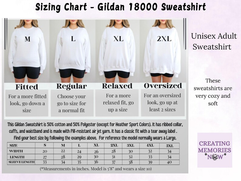 Pode incluir: Tabela de tamanhos para sweatshirts unissex para adultos Gildan 18000. A tabela mostra os diferentes tamanhos e suas medidas correspondentes em polegadas. A tabela tamb&eacute;m inclui descri&ccedil;&otilde;es do ajuste para cada tamanho, como ajustado, regular, relaxado e de grande porte. O texto "Estas sweatshirts s&atilde;o muito aconchegantes e macias" tamb&eacute;m est&aacute; inclu&iacute;do.