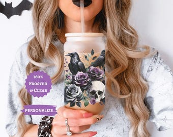 Black Crow and Skull Glass Tumbler, Personalized Purple Floral Halloween Tumbler, Iced Coffee Cup w/bamboo lid & straw, Gift for Girlfriend