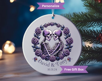 Personalize Halloween Bride & Groom Skeleton Ornament, Spooky Couple Keepsake Anniversary Gift, Halloween Wedding Gift Christmas Ornament