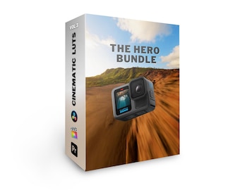 May include: A box with the text "The Hero Bundle" and "Cinematic LUTs Vol. 3" on it. The box features a photo of a GoPro camera in front of a blurred background of a beach and mountains.