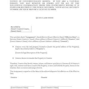 Pode incluir: Um documento legal intitulado "Quitclaim Deed" com espaços em branco para os nomes do concedente e do beneficiário. O documento descreve a transferência de bens imóveis do concedente para o beneficiário.