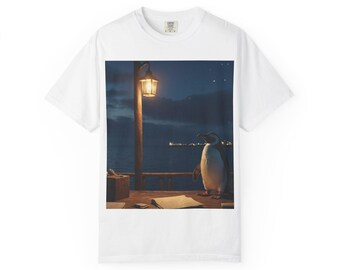 Camiseta con diseño de pingüino en una noche de linternas / Ilustración acogedora para la noche