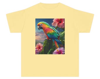 Camiseta juvenil con loro arcoíris tropical / Diseño de hibisco y loro colorido