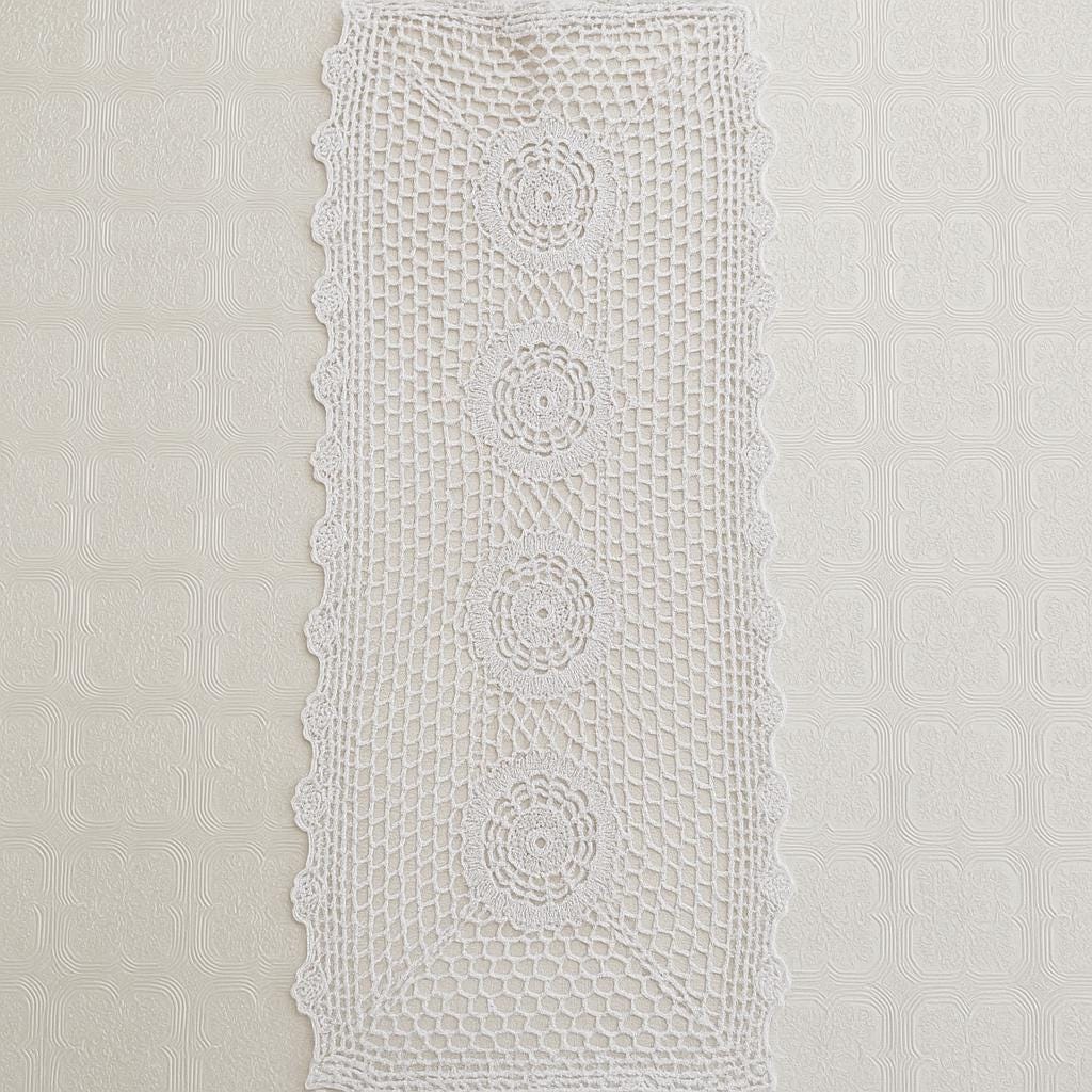 Vintage Handmade Crochet Lace 100% Cotton Runner/Topper/Doily White/Ecru Oblong | UK