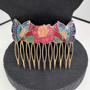 Vintage Cloisonné Rose and Flower Floral Butterfly Hair Comb Hair Clip Vintage Butterfly Hair Comb. Cloisonne. Wedding, Anniversary  main image 2